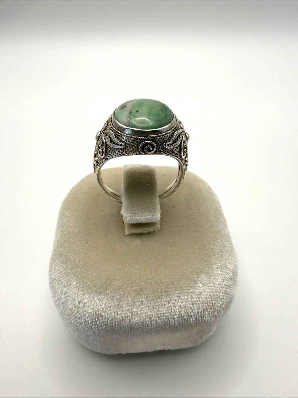 Antique Adjustable Chinese Silver Filigree Ring with Green Stone Cabochon